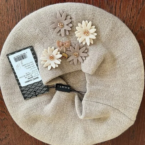 Lady French Beret 100% Mixed Wool Beret Floral Beige By  display picture 3